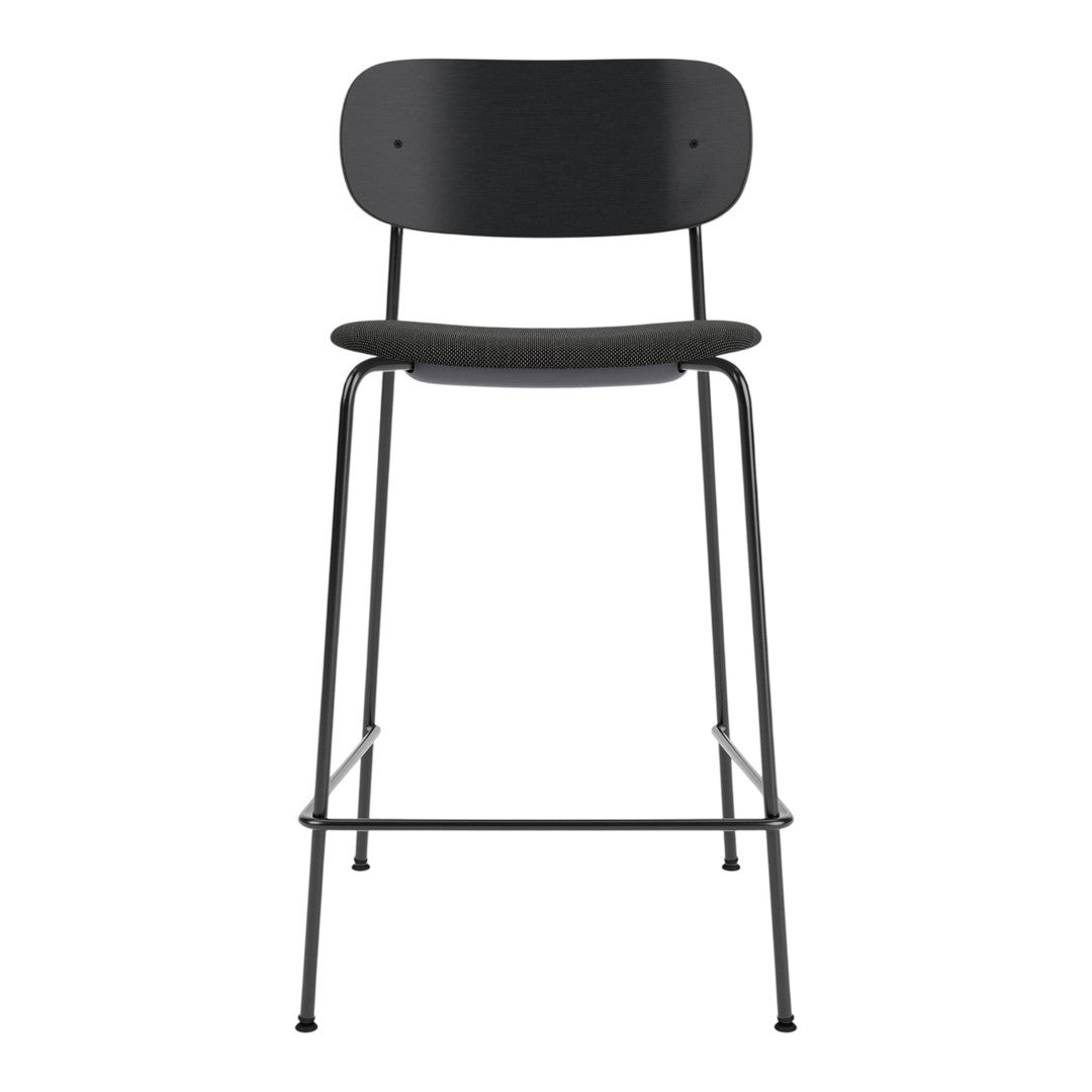 Black metal bar stool with a sleek, minimalist design and clean lines, ideal for modern home decor.