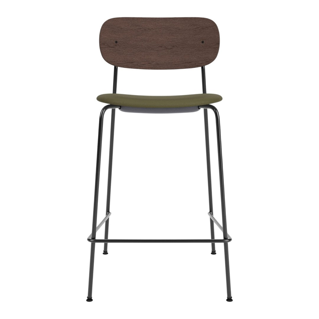 "Stylish bar stool featuring a dark wood backrest, olive green seat, and sleek black metal legs."