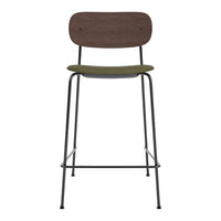 "Stylish bar stool featuring a dark wood backrest, olive green seat, and sleek black metal legs."