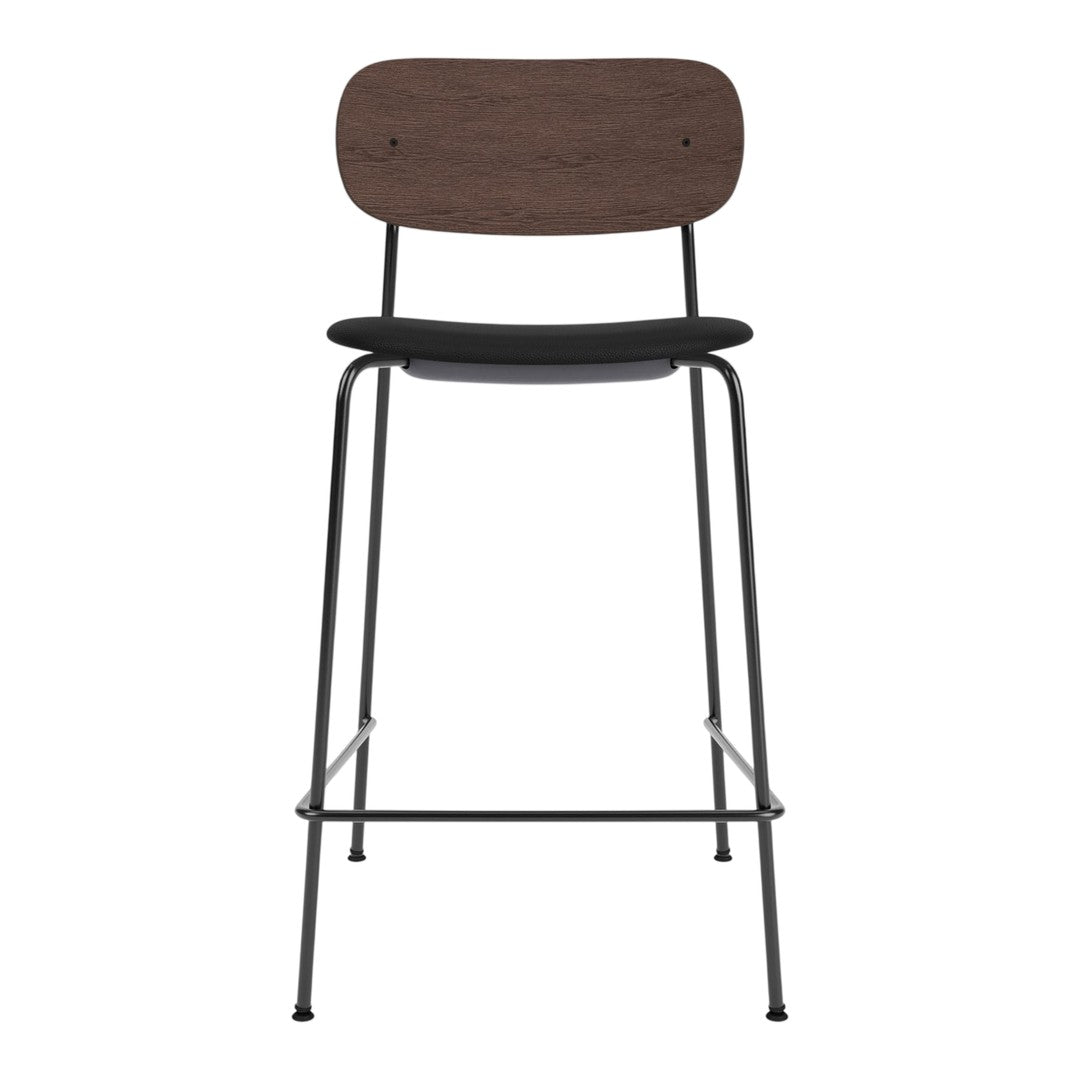 Wooden seat and backrest with a dark brown finish, paired with a sleek black metal frame. Modern minimalist design.