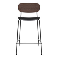 Wooden seat and backrest with a dark brown finish, paired with a sleek black metal frame. Modern minimalist design.