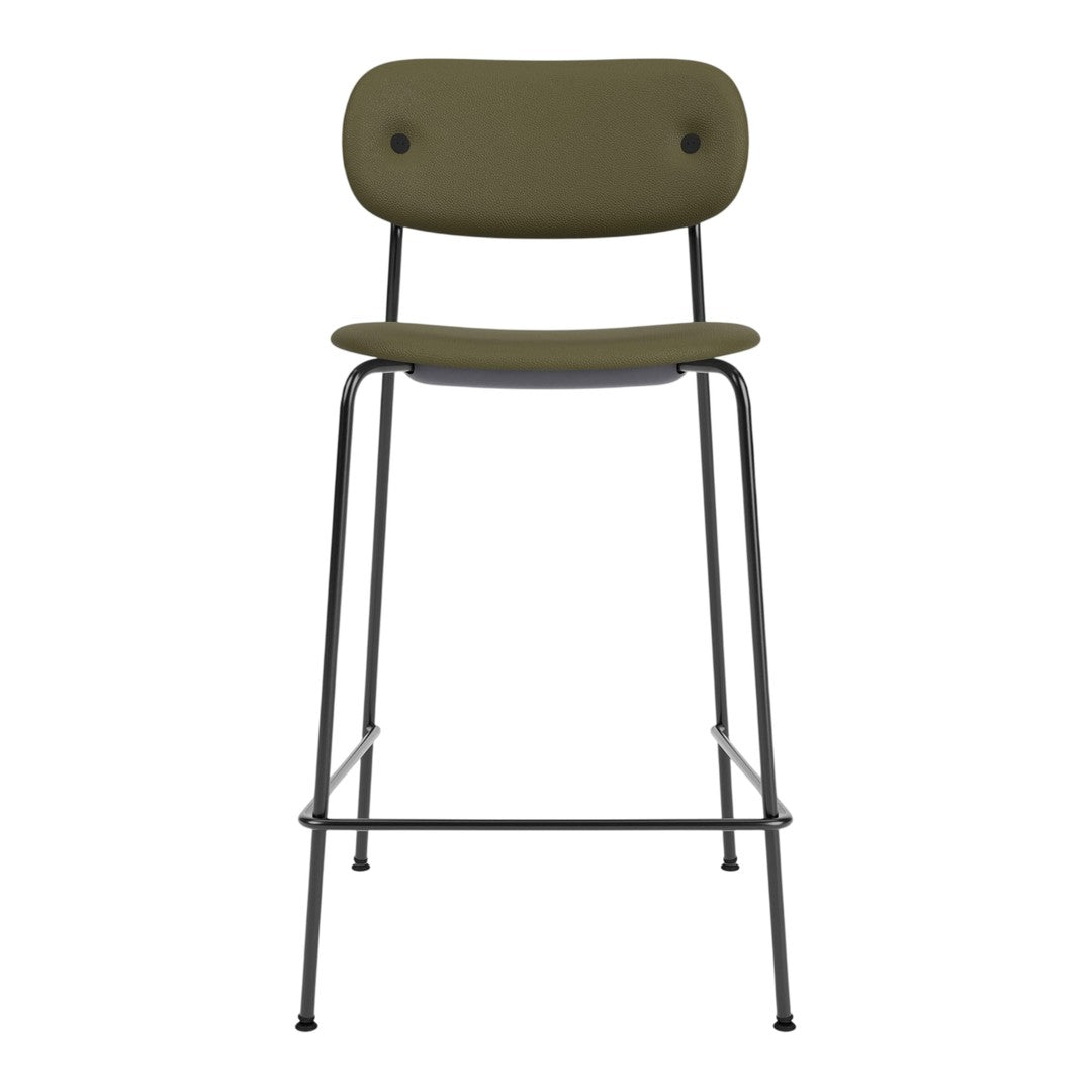 Green upholstered bar stool with a sleek black metal frame and minimalist design. Ideal for modern spaces.