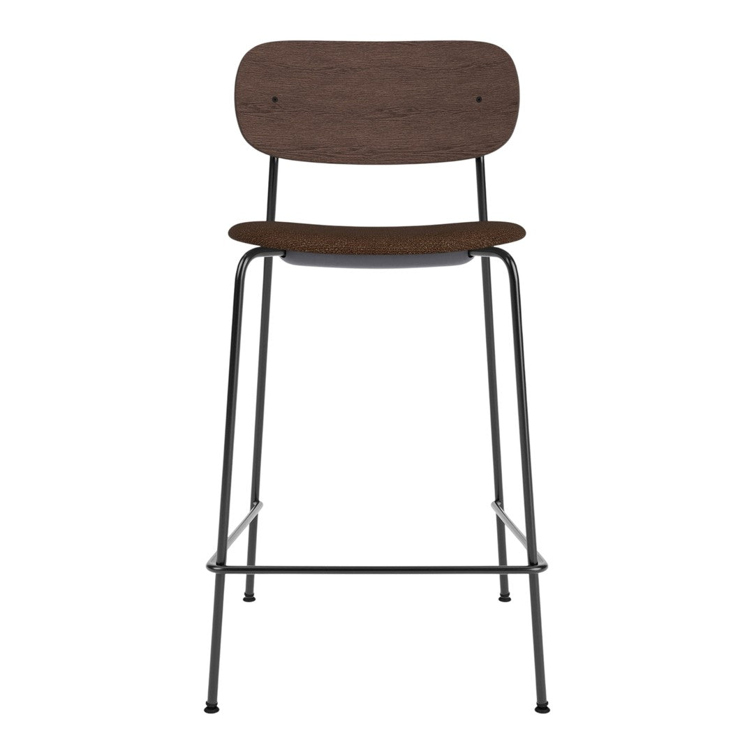 Brown wooden bar stool with a sleek metal frame, featuring a minimalist design and smooth finish.