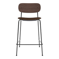 Brown wooden bar stool with a sleek metal frame, featuring a minimalist design and smooth finish.
