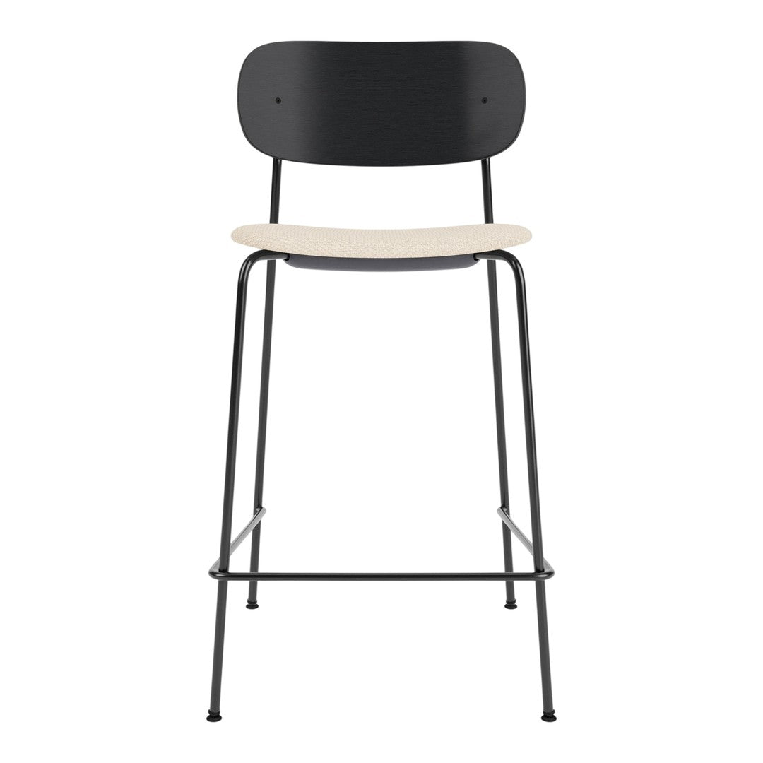 Modern black and beige bar stool with a minimalist design, featuring a sleek metal frame and smooth wooden seat.