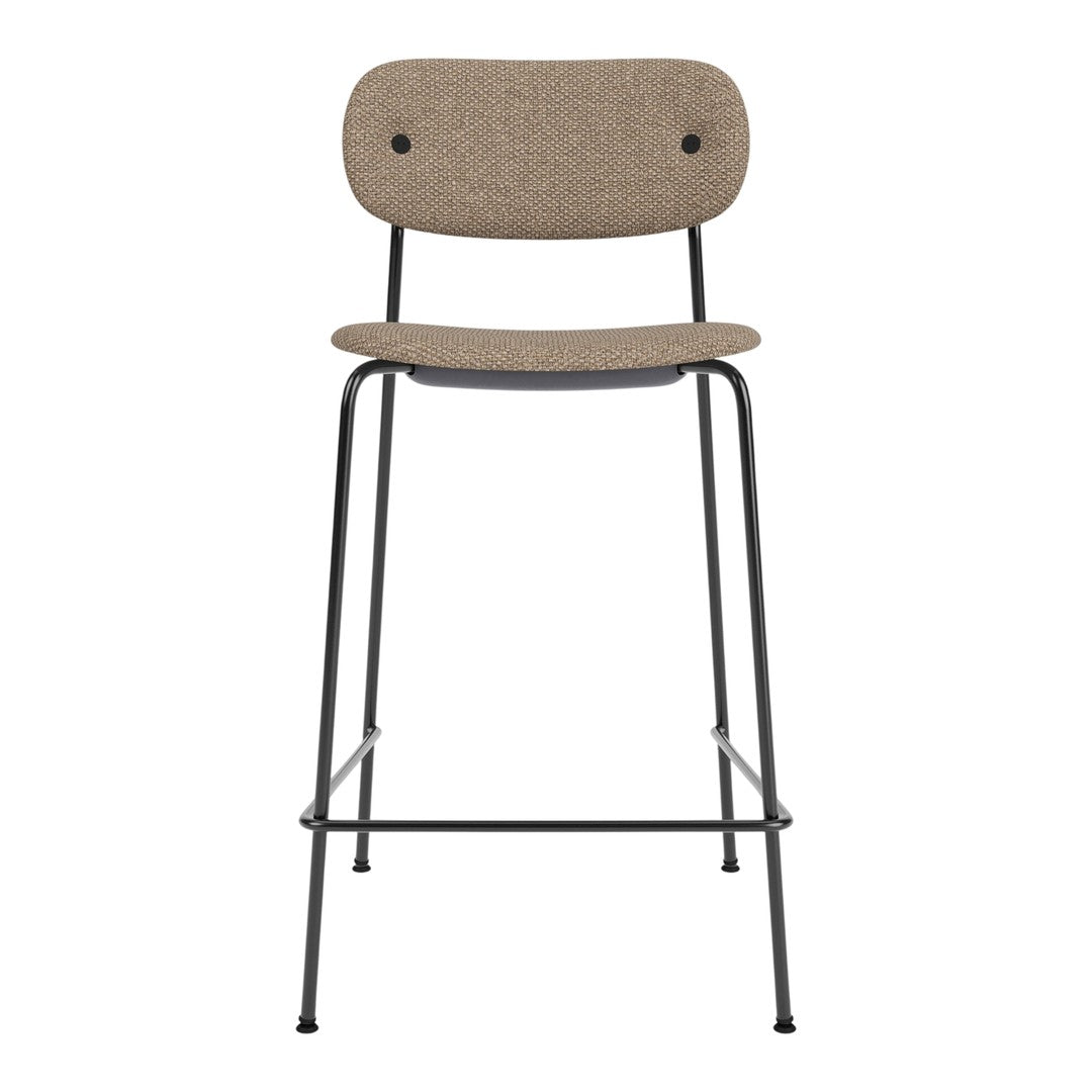 Beige patterned seat with a sleek black metal frame, ideal for modern interior decor.