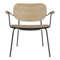 Light oak wood chair with a smooth finish and black metal legs, featuring a minimalist design and natural color palette.