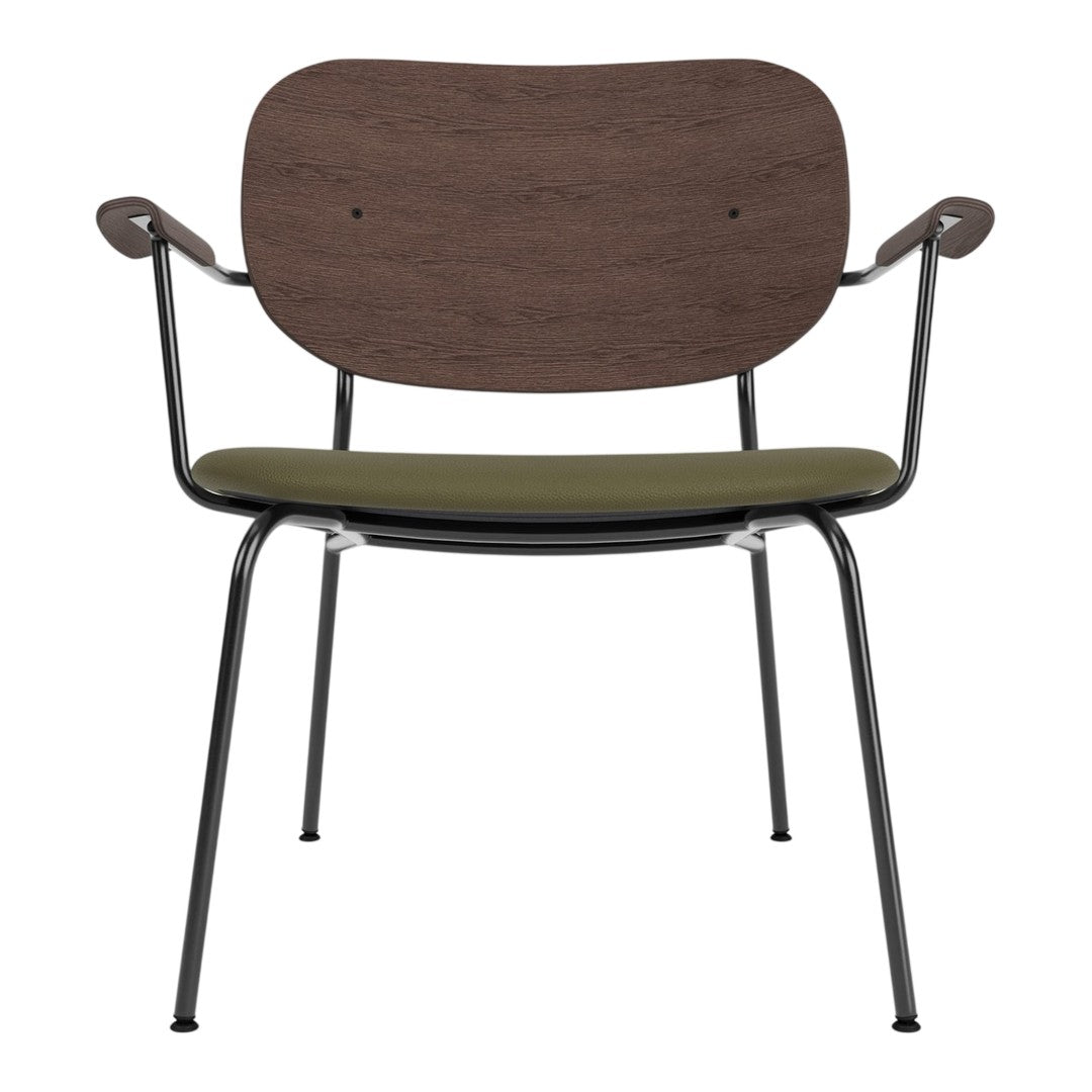 Modern chair with a dark wood back, olive green cushion, and sleek black metal legs. Ideal for stylish interiors.