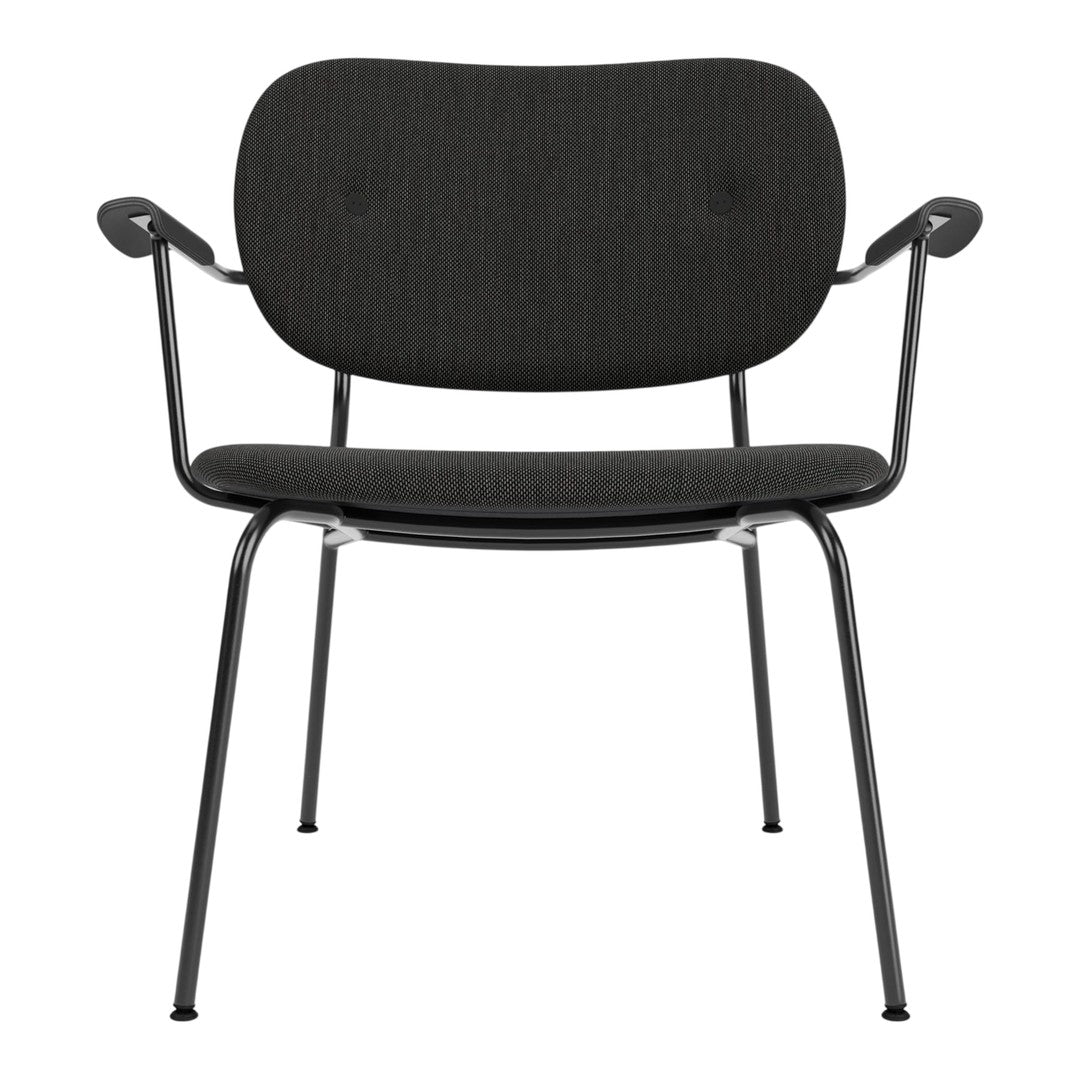 Black upholstered chair with a sleek metal frame, featuring a smooth, minimalist design.
