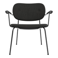 Black upholstered chair with a sleek metal frame, featuring a smooth, minimalist design.