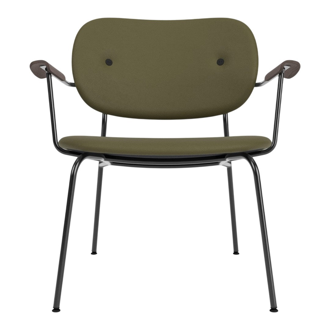 Olive green chair with a minimalist design, featuring a smooth surface and black metal frame.