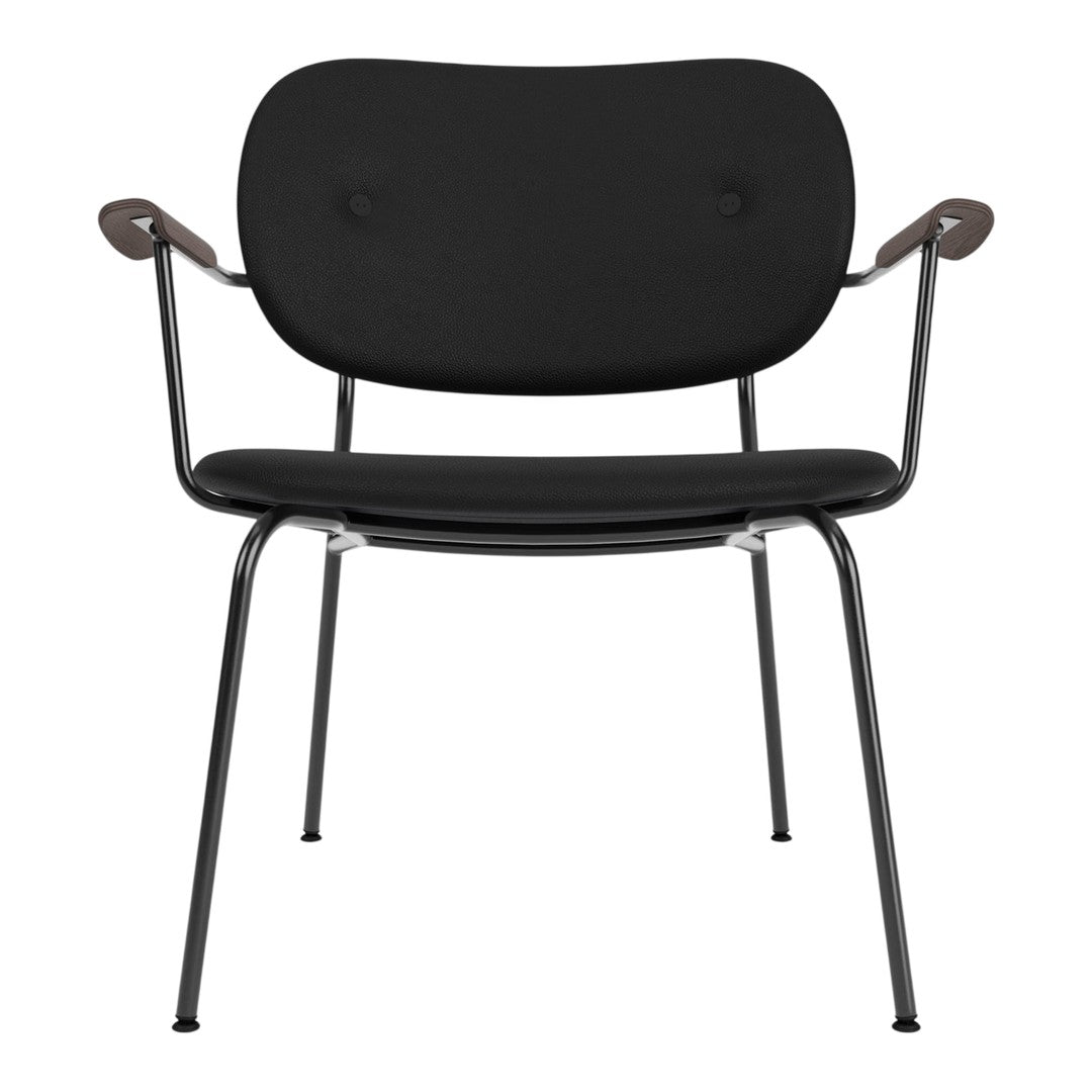 Black chair with smooth upholstery and sleek metal frame, featuring a minimalist design and subtle curved accents.