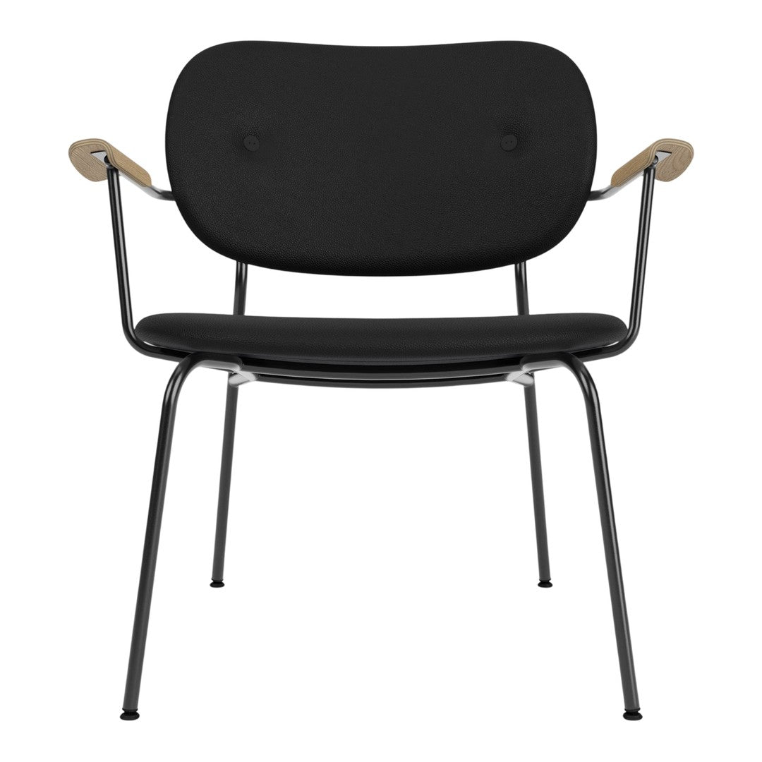 Modern black chair with a smooth, minimalist design and natural wood accents on the armrests.