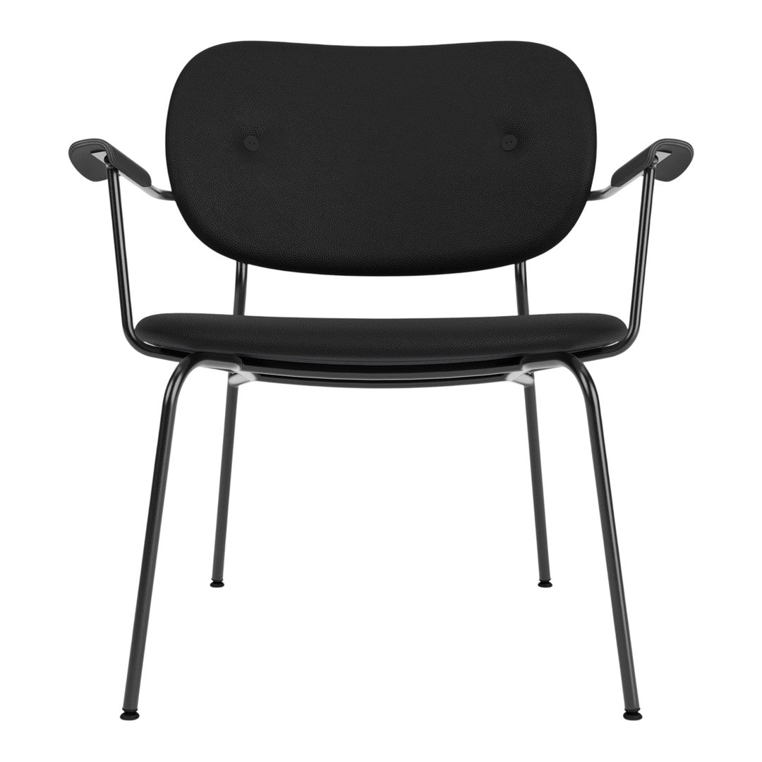 Black chair with curved backrest and armrests, featuring a sleek, minimalist design on a metal frame.