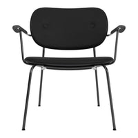 Black chair with curved backrest and armrests, featuring a sleek, minimalist design on a metal frame.
