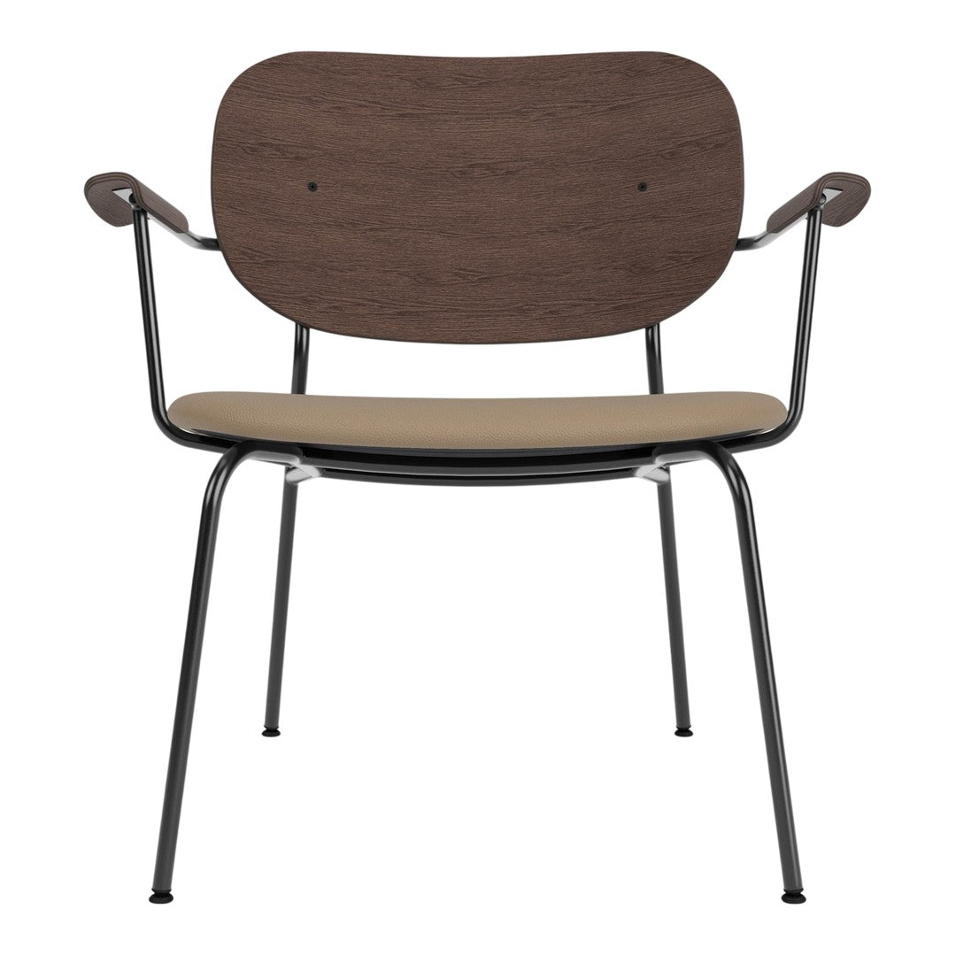 Brown wood and beige cushioned seat with black metal legs, creating a modern and elegant design.