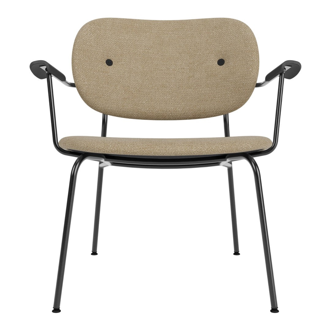 Beige fabric chair with black metal frame and minimalist design, featuring two round buttons on the backrest.