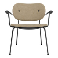 Beige fabric chair with black metal frame and minimalist design, featuring two round buttons on the backrest.