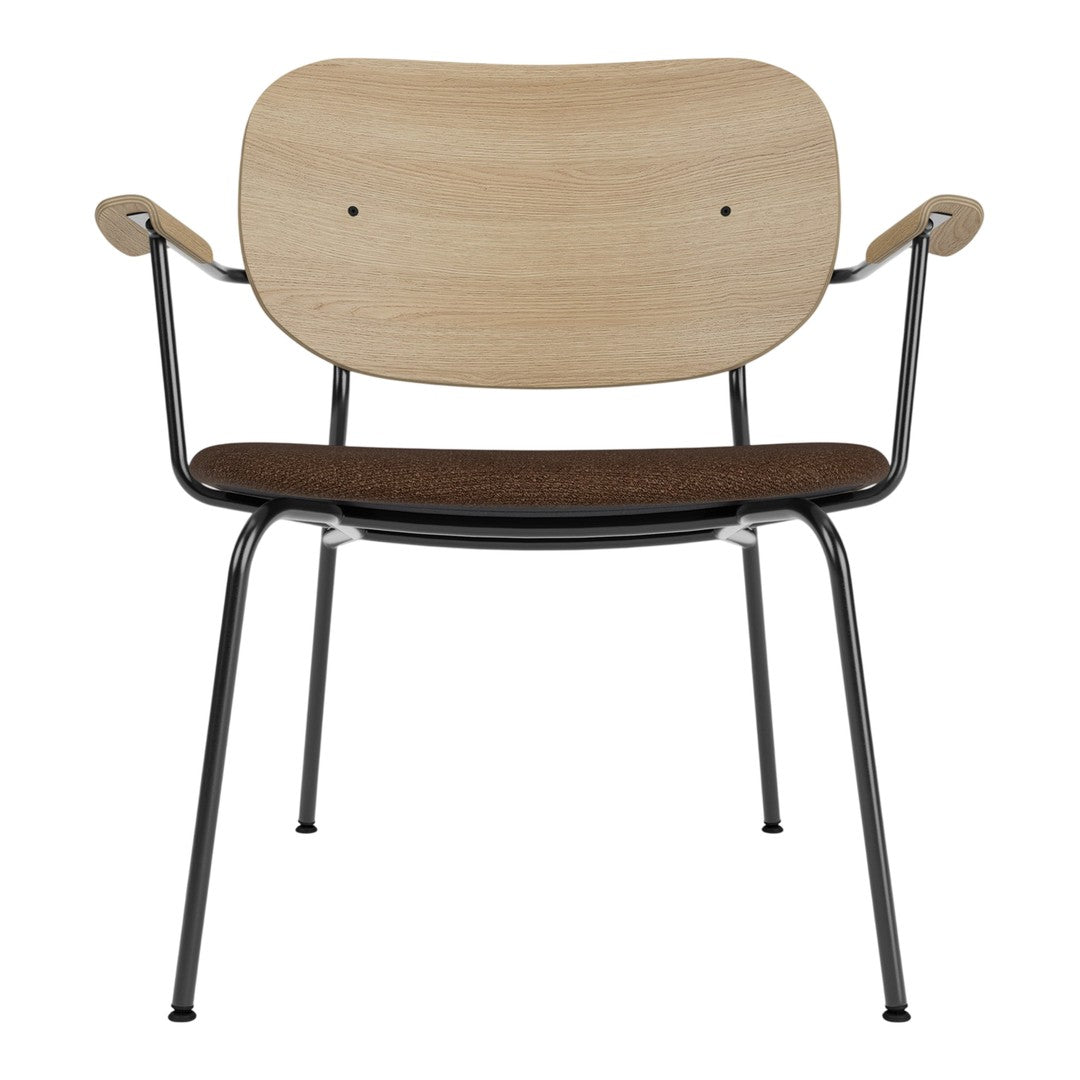 "Wooden chair with a natural finish and dark brown fabric seat, featuring sleek black metal legs."