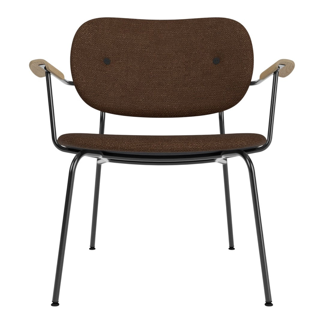 Brown fabric armchair with a textured pattern and black metal legs, featuring wooden armrests for contrast.