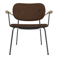Brown fabric armchair with a textured pattern and black metal legs, featuring wooden armrests for contrast.
