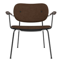 Brown upholstered chair with a minimalist design and black metal legs. Unique button accents add subtle texture.