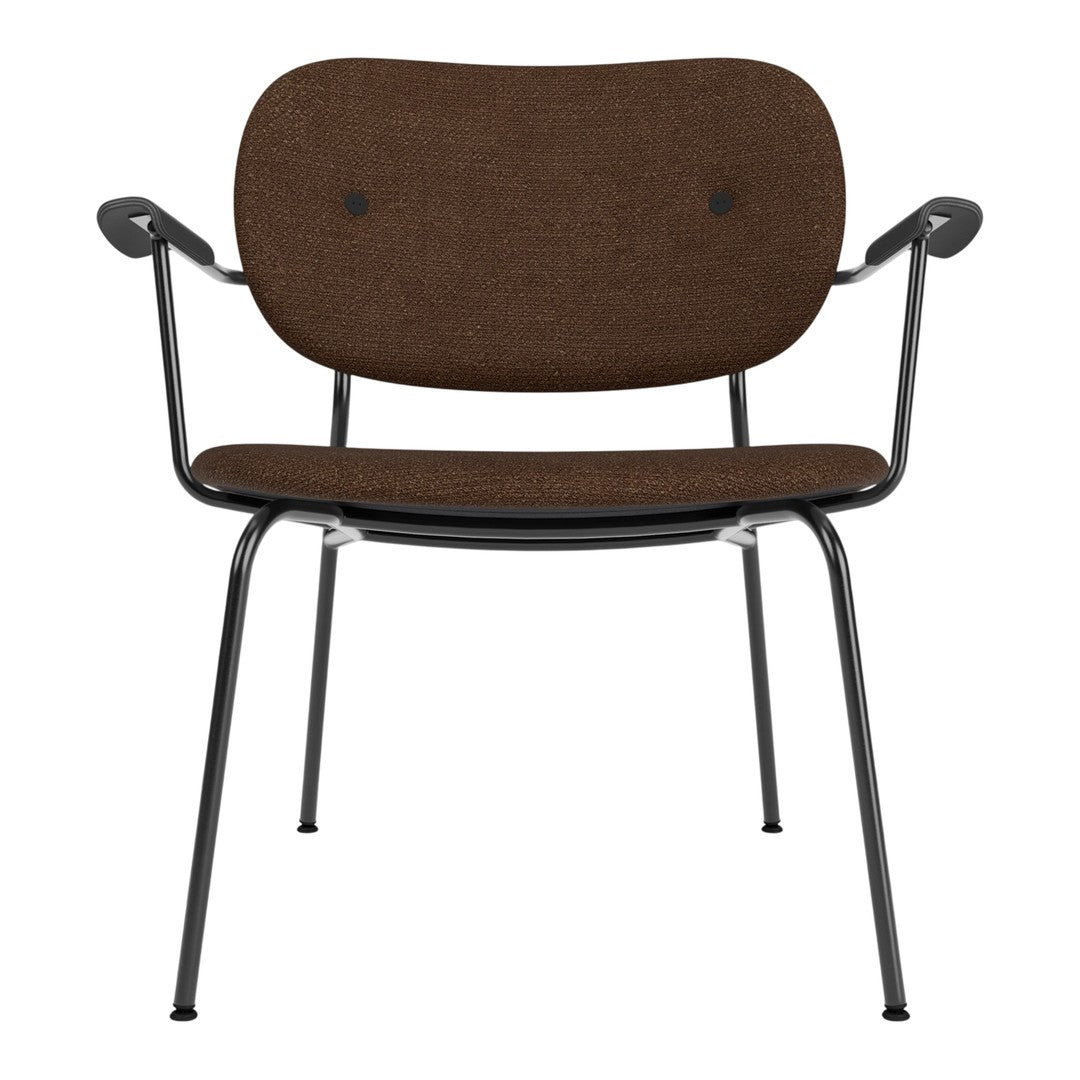 Brown fabric chair with a smooth, textured finish and minimalist black metal frame. Perfect for modern decor.