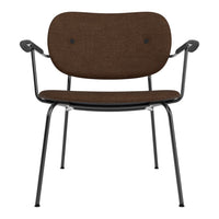 Brown fabric chair with a smooth, textured finish and minimalist black metal frame. Perfect for modern decor.