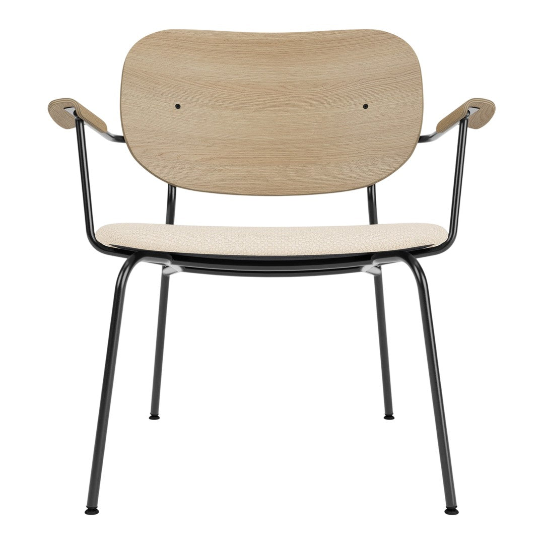 Natural wood finish with smooth curves and sleek black metal legs, offering a modern and minimalist aesthetic.