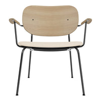 Natural wood finish with smooth curves and sleek black metal legs, offering a modern and minimalist aesthetic.