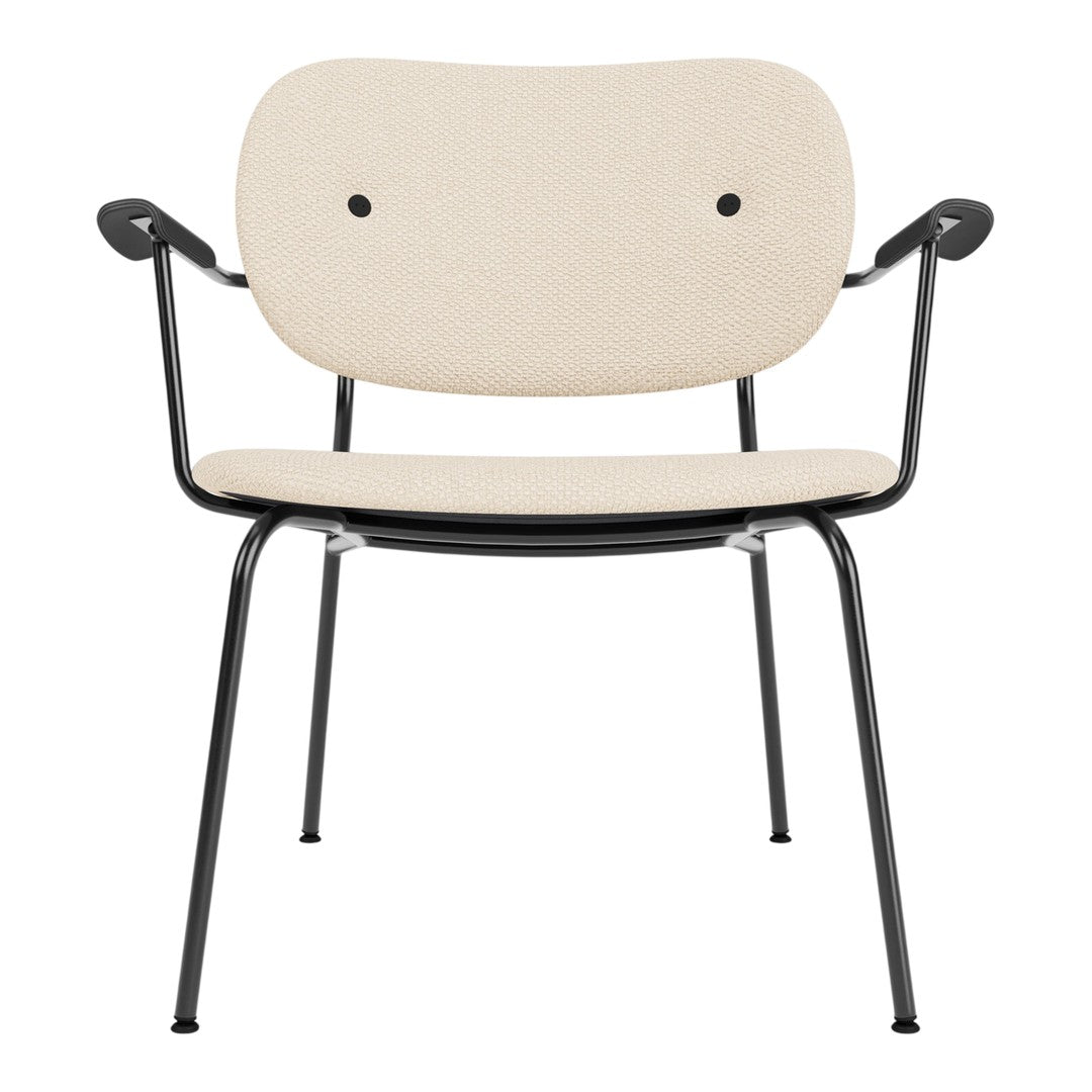 Beige upholstered chair with a minimalist design, featuring a sleek black metal frame and rounded contours.
