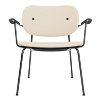 Beige upholstered chair with a minimalist design, featuring a sleek black metal frame and rounded contours.