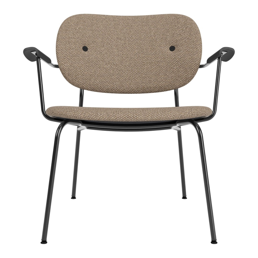 Brown patterned fabric chair with black metal legs and armrests, featuring two prominent buttons on the backrest.