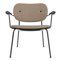 Brown patterned fabric chair with black metal legs and armrests, featuring two prominent buttons on the backrest.