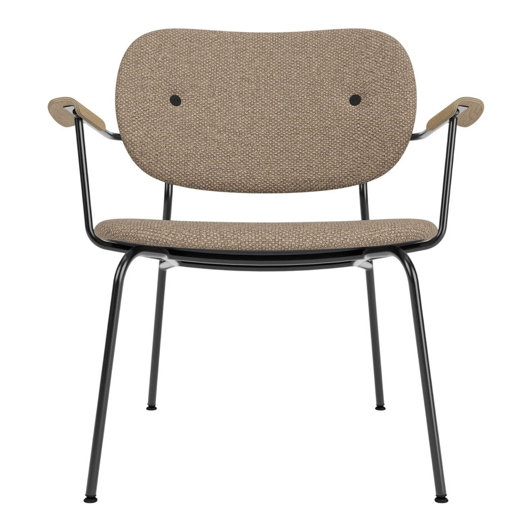 Taupe upholstered chair with a textured finish, featuring black metal arms and legs for a modern look.