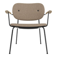 Taupe upholstered chair with a textured finish, featuring black metal arms and legs for a modern look.
