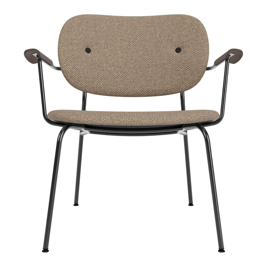 Brown fabric upholstered chair with a smooth, minimalist pattern and black metal frame. Perfect for modern decor.