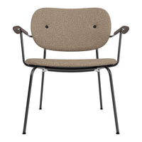Brown fabric upholstered chair with a smooth, minimalist pattern and black metal frame. Perfect for modern decor.