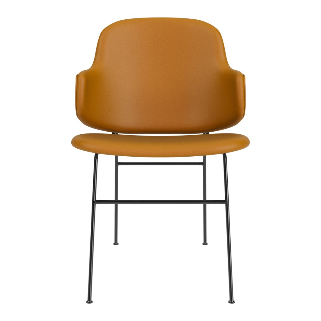 Brown modern chair with smooth, minimalist design and black metal legs. Perfect for stylish interiors.