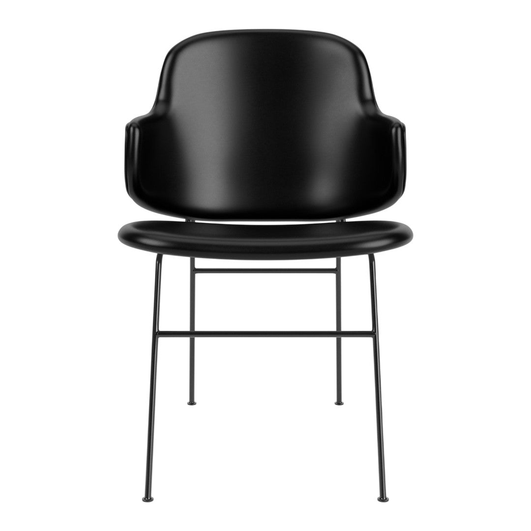 Black modern chair with sleek lines and a minimalist design, featuring a solid black seat and slender black metal legs.
