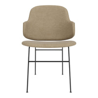 Beige upholstered chair with a minimalist design and black metal legs, showcasing a smooth, solid pattern.