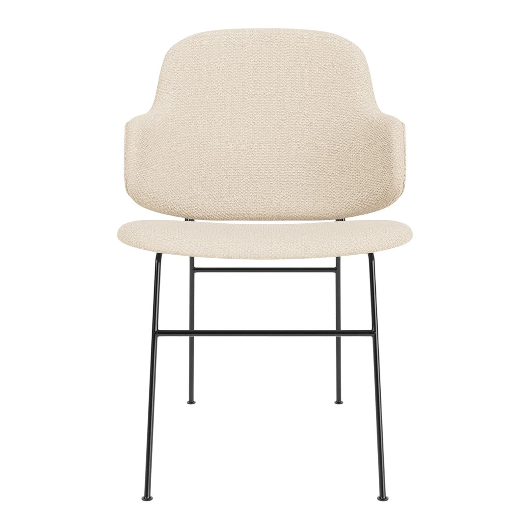 Beige upholstered chair with a minimalist black metal frame, featuring smooth, solid colors and no intricate patterns.