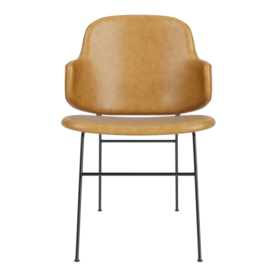 Tan leather armchair with smooth finish and black metal legs, offering a modern, minimalist design.