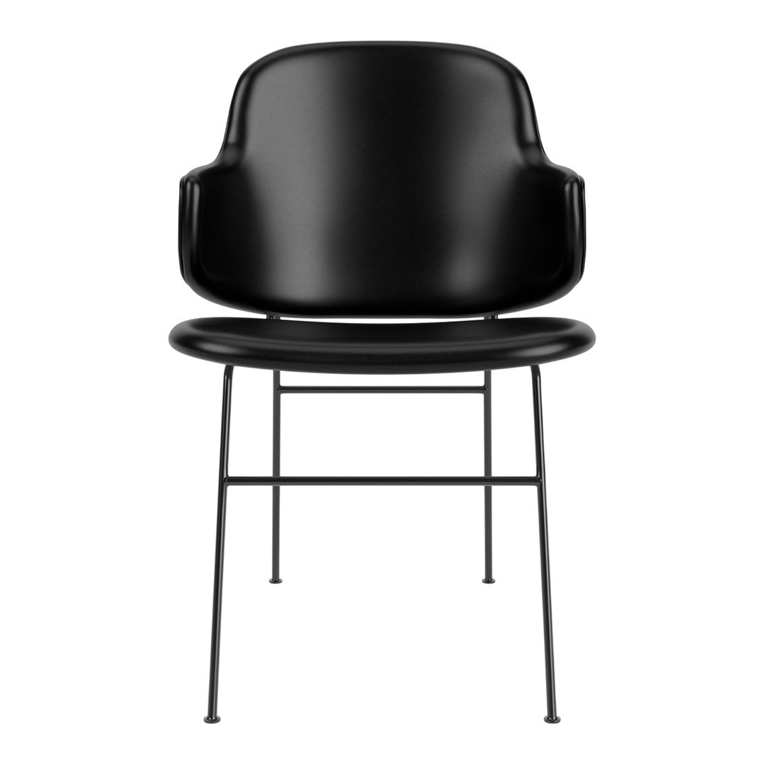 Sleek black chair with a smooth glossy finish and minimalist metal legs, exuding modern elegance.