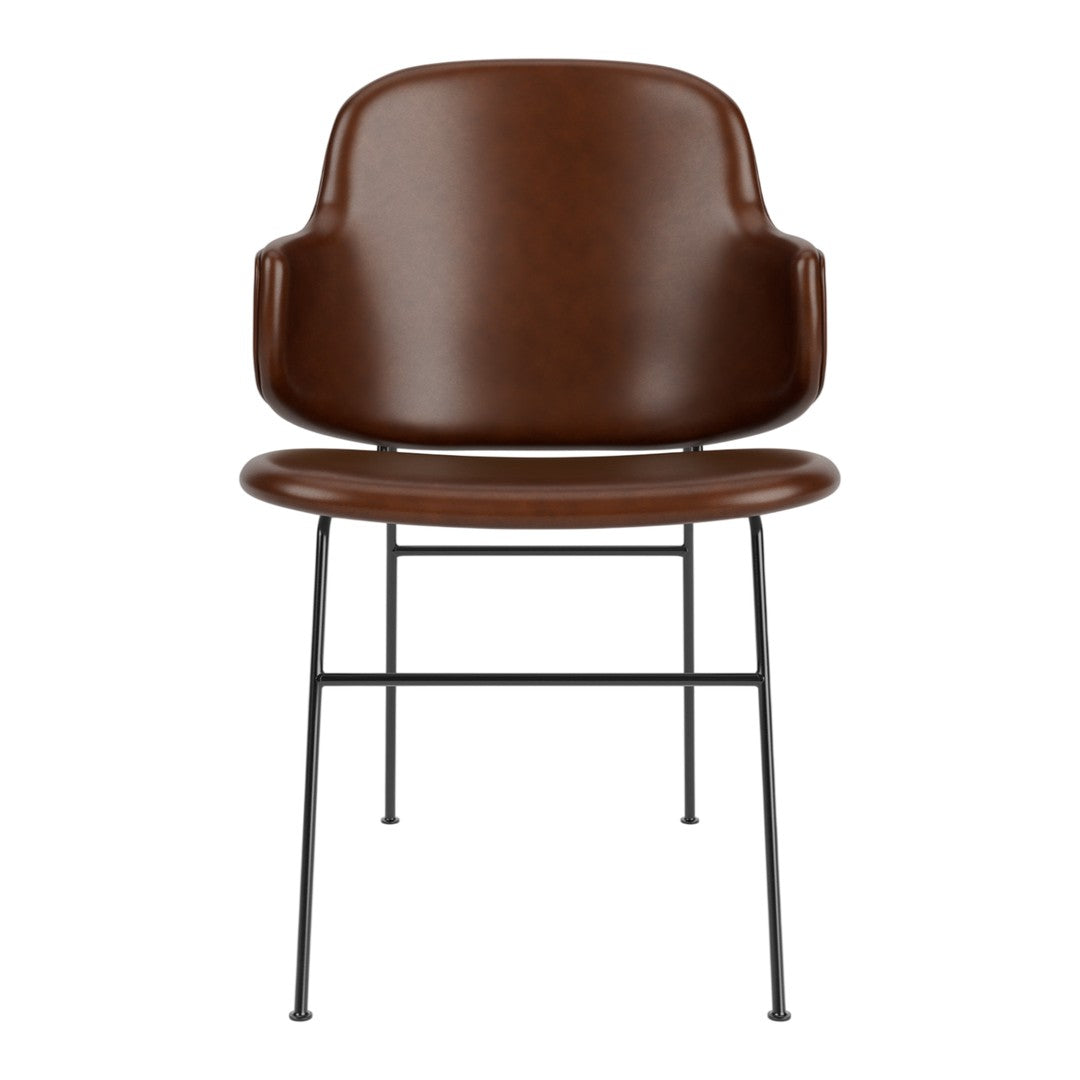 Brown faux leather chair with sleek black metal legs and minimalist design. Perfect for modern interiors.