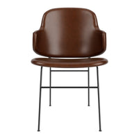 Brown faux leather chair with sleek black metal legs and minimalist design. Perfect for modern interiors.