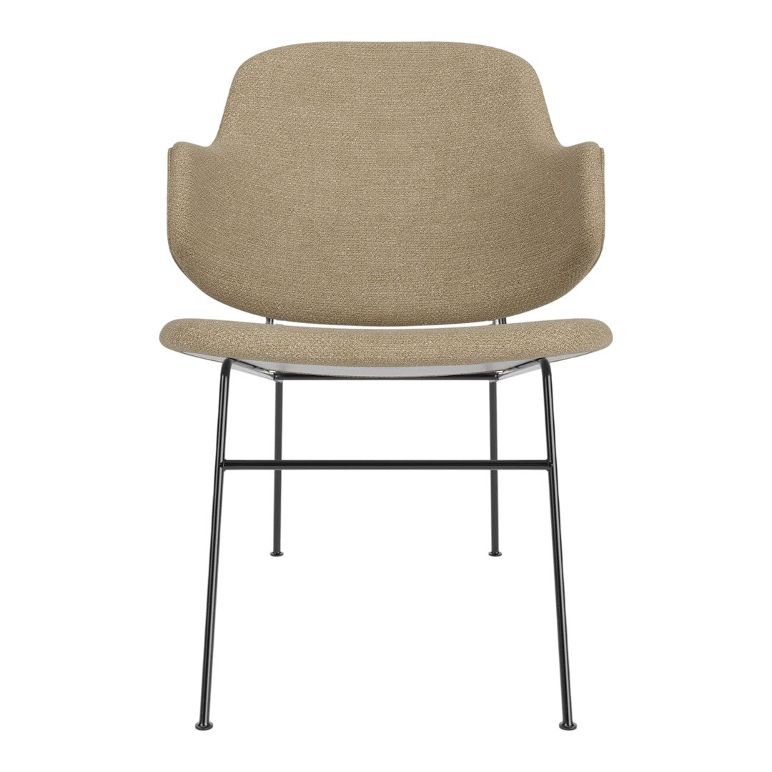 Beige upholstered chair with a sleek black metal frame, featuring a minimalist design and smooth texture.