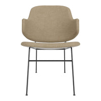 Beige upholstered chair with a sleek black metal frame, featuring a minimalist design and smooth texture.