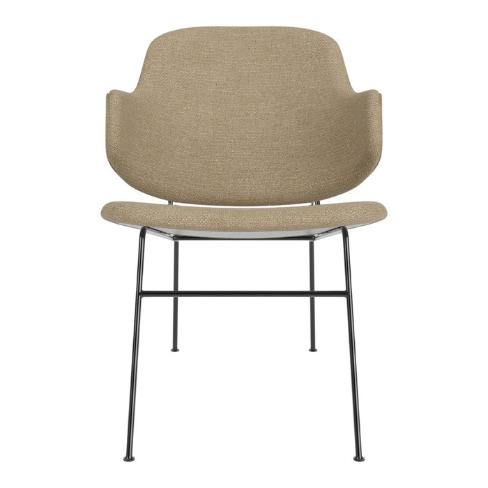 Beige upholstered chair with a sleek black metal frame, featuring a minimalist design and smooth texture.