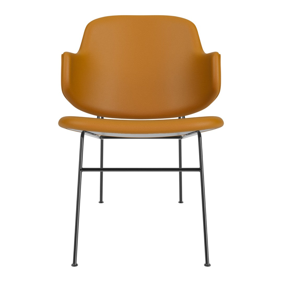 Orange modern chair with a smooth finish and black metal legs, featuring a sleek, minimalist design.